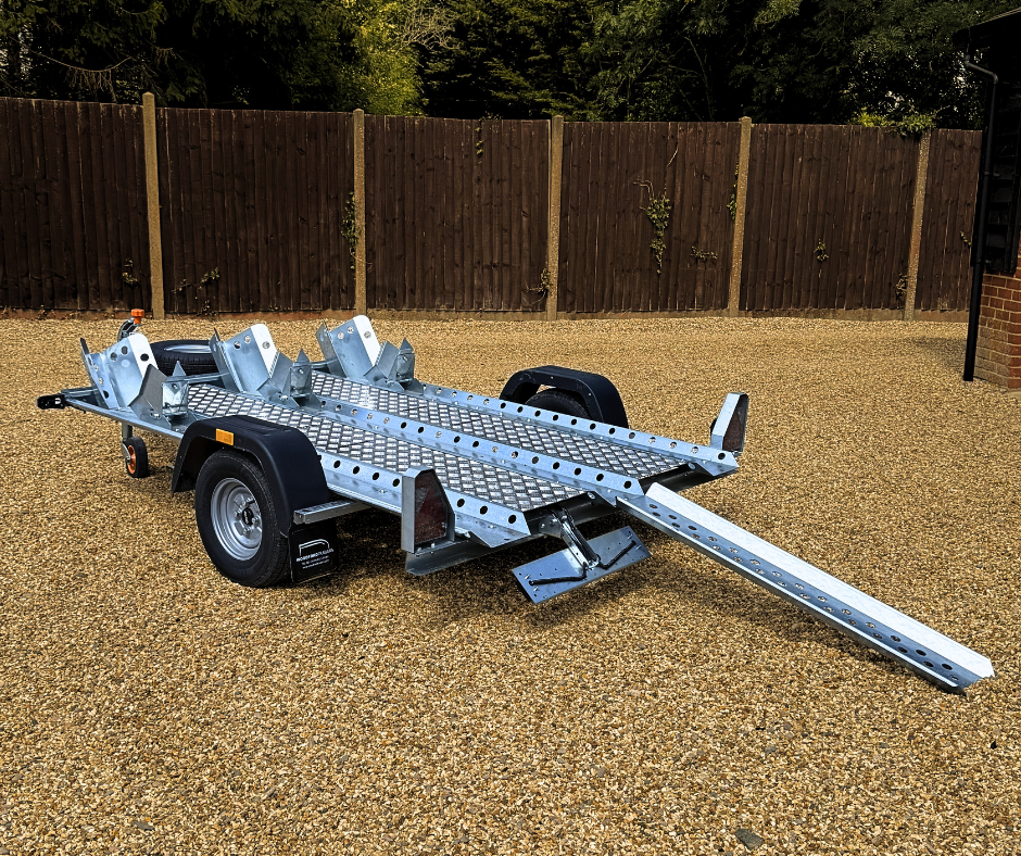 ramps of Woodford 3 bike triple motorbike trailer for hire and rent from Hampshire Trailer co